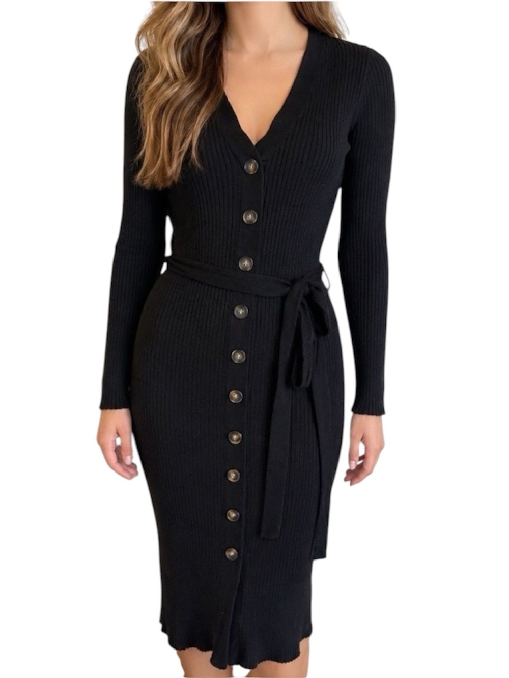Dreamers Black Ribbed Button-Front Tie-Waist Midi Dress